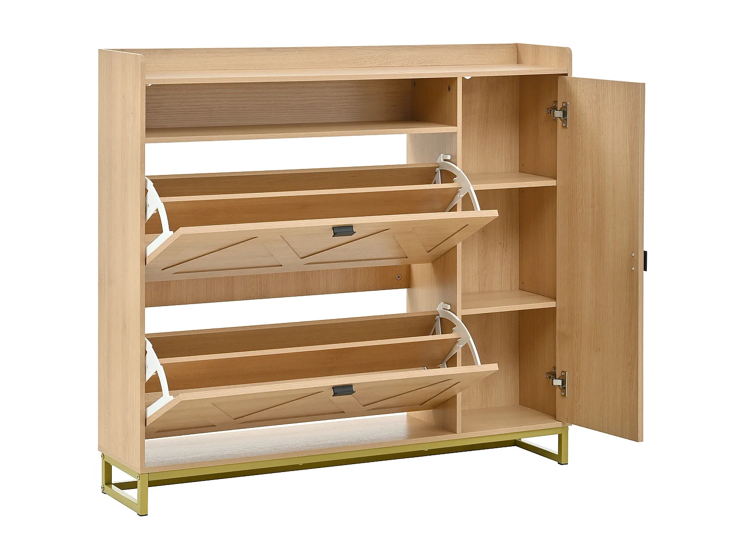 Meuble à chaussures 110x24x100 cm - 2 portes abattantes et 1 porte latérale - Étagères ouvertes - Structure métallique - Naturel