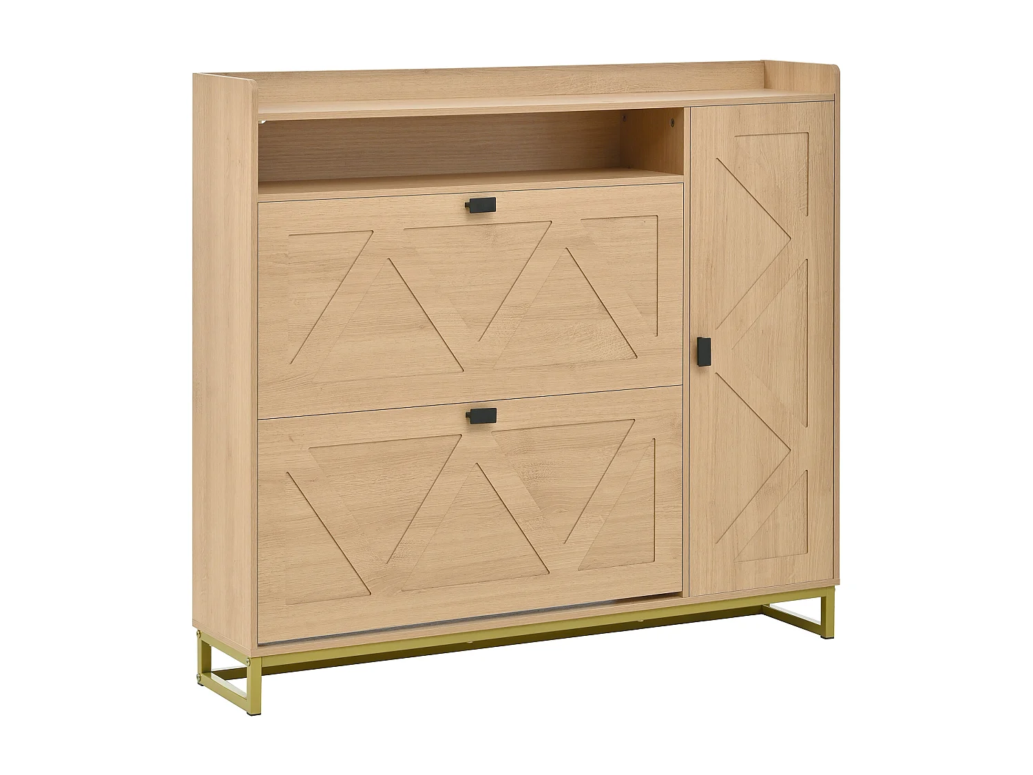 Meuble à chaussures 110x24x100 cm - 2 portes abattantes et 1 porte latérale - Étagères ouvertes - Structure métallique - Naturel