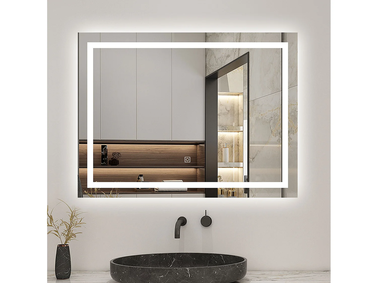 Espelho de banheiro com LED, 80 x 60 cm, luz branca, retangular, com função antiembaciamento, memória desligada, brilho ajustável.