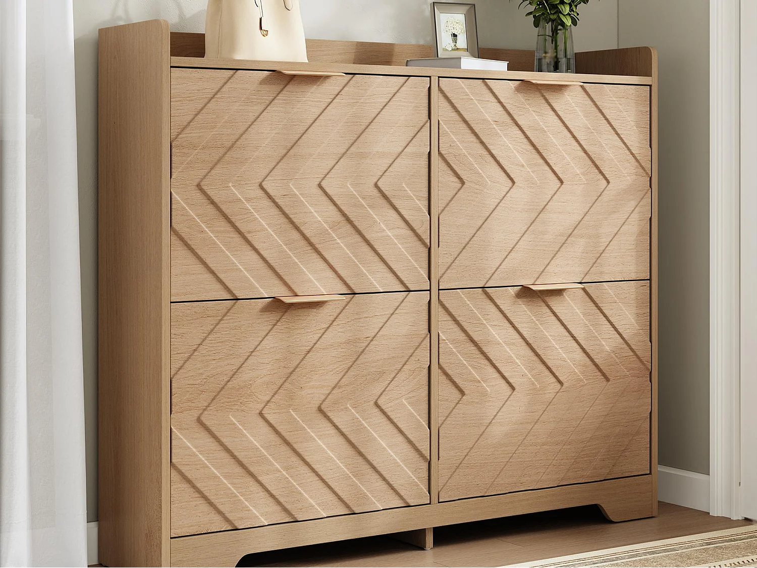 Meuble à chaussures 105x24x90 cm - avec 4 étagères rabattables - panneaux texturés 3D - étagère supérieure - MDF - Naturel