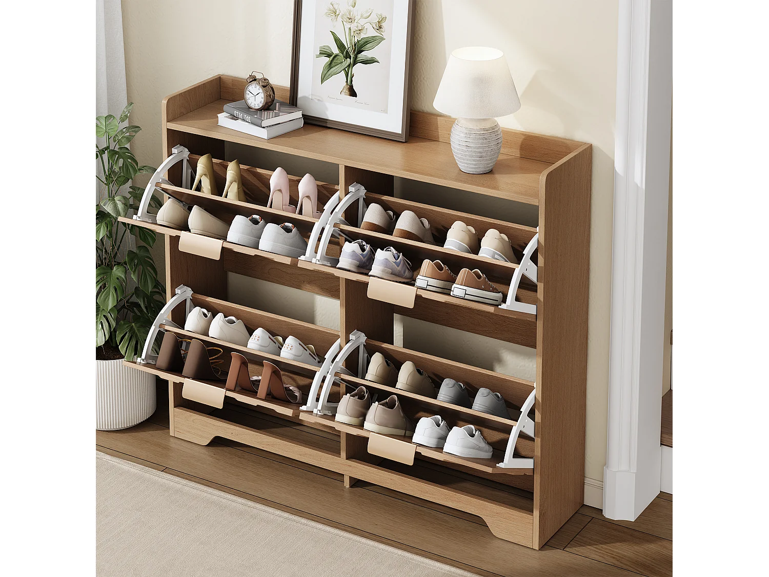 Meuble à chaussures 105x24x90 cm - avec 4 étagères rabattables - panneaux texturés 3D - étagère supérieure - MDF - Naturel