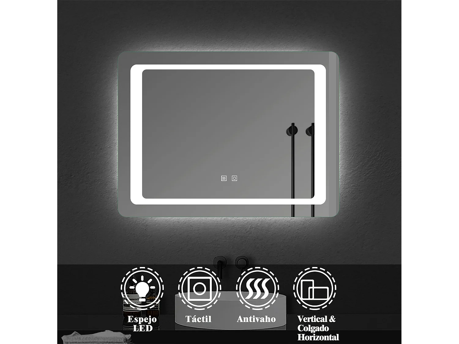 AICA espelho 80 x 60 cm, retangular, luz LED, antiembaciamento e brilho regulável, função de memória desligada