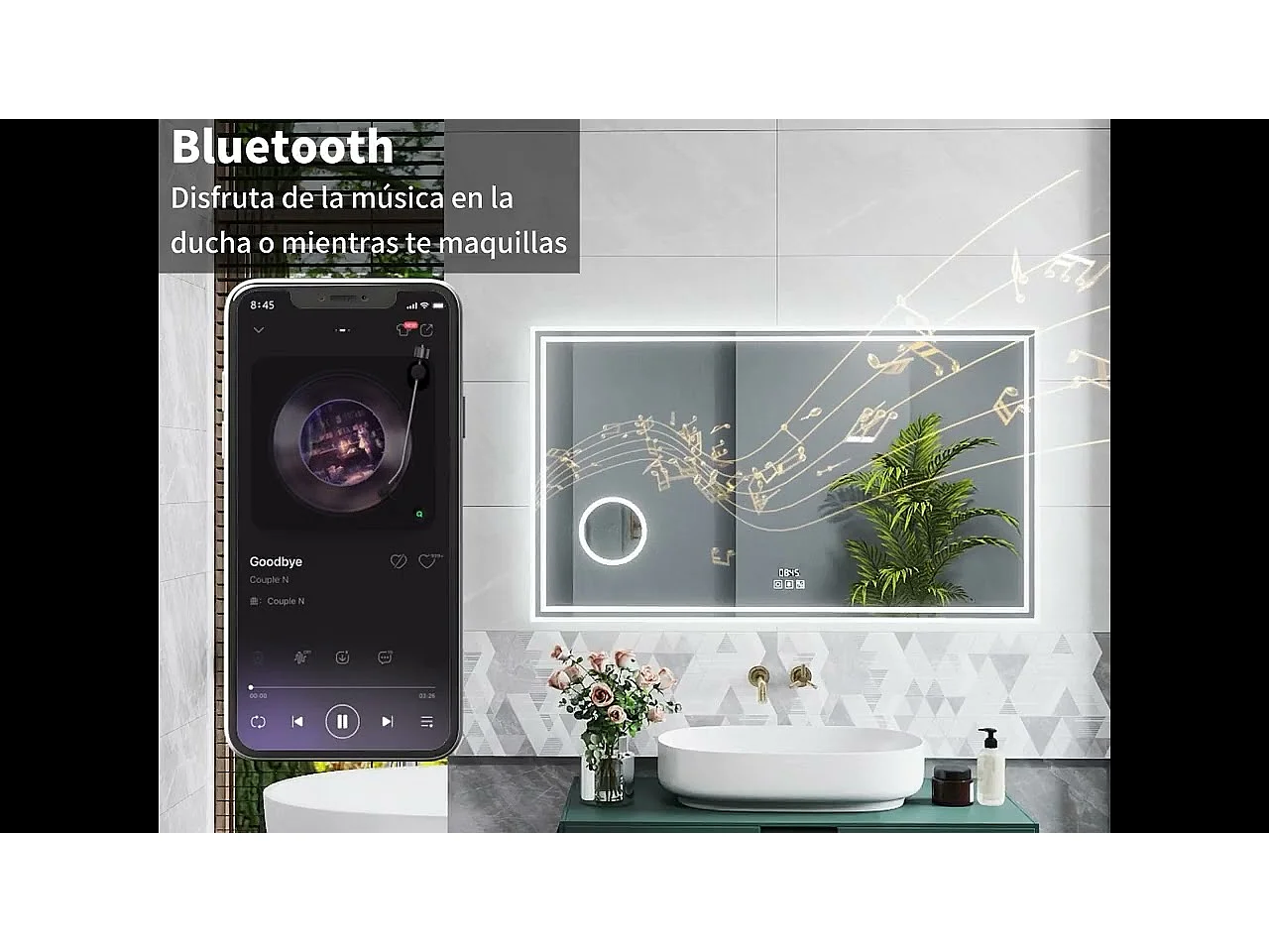 Espelho de banheiro com LED, 160 x 80 cm, luz LED com três cores, com função antiembaciamento, relógio digital, Bluetooth e lupa de aumento 3x.