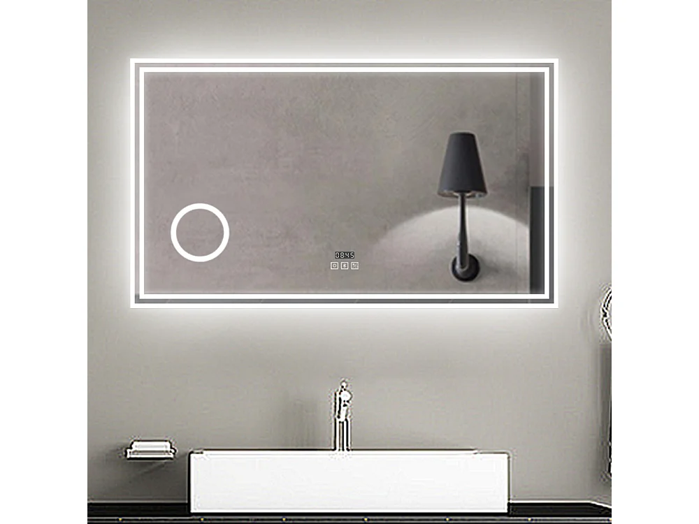 Espelho de banheiro com LED, 160 x 80 cm, luz LED com três cores, com função antiembaciamento, relógio digital, Bluetooth e lupa de aumento 3x.