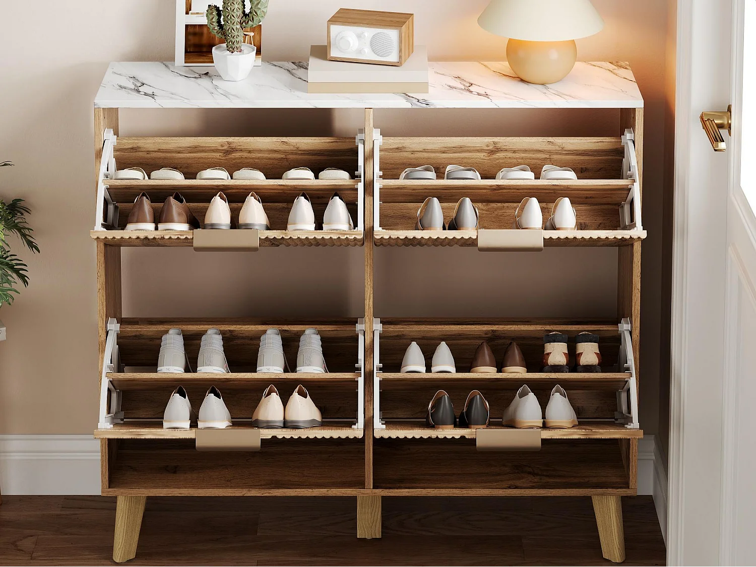 Meuble à chaussures 4 portes 105x24x95.5 cm - aspect bois - plateau effet marbre - MDF - Naturel