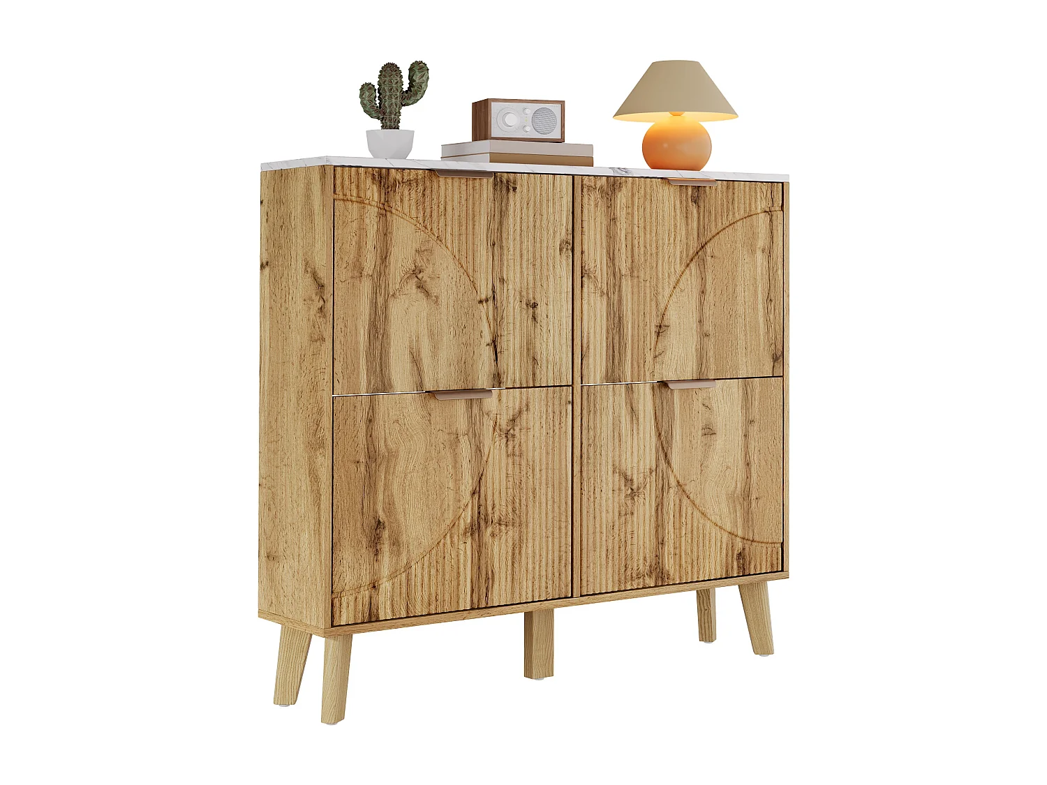 Meuble à chaussures 4 portes 105x24x95.5 cm - aspect bois - plateau effet marbre - MDF - Naturel