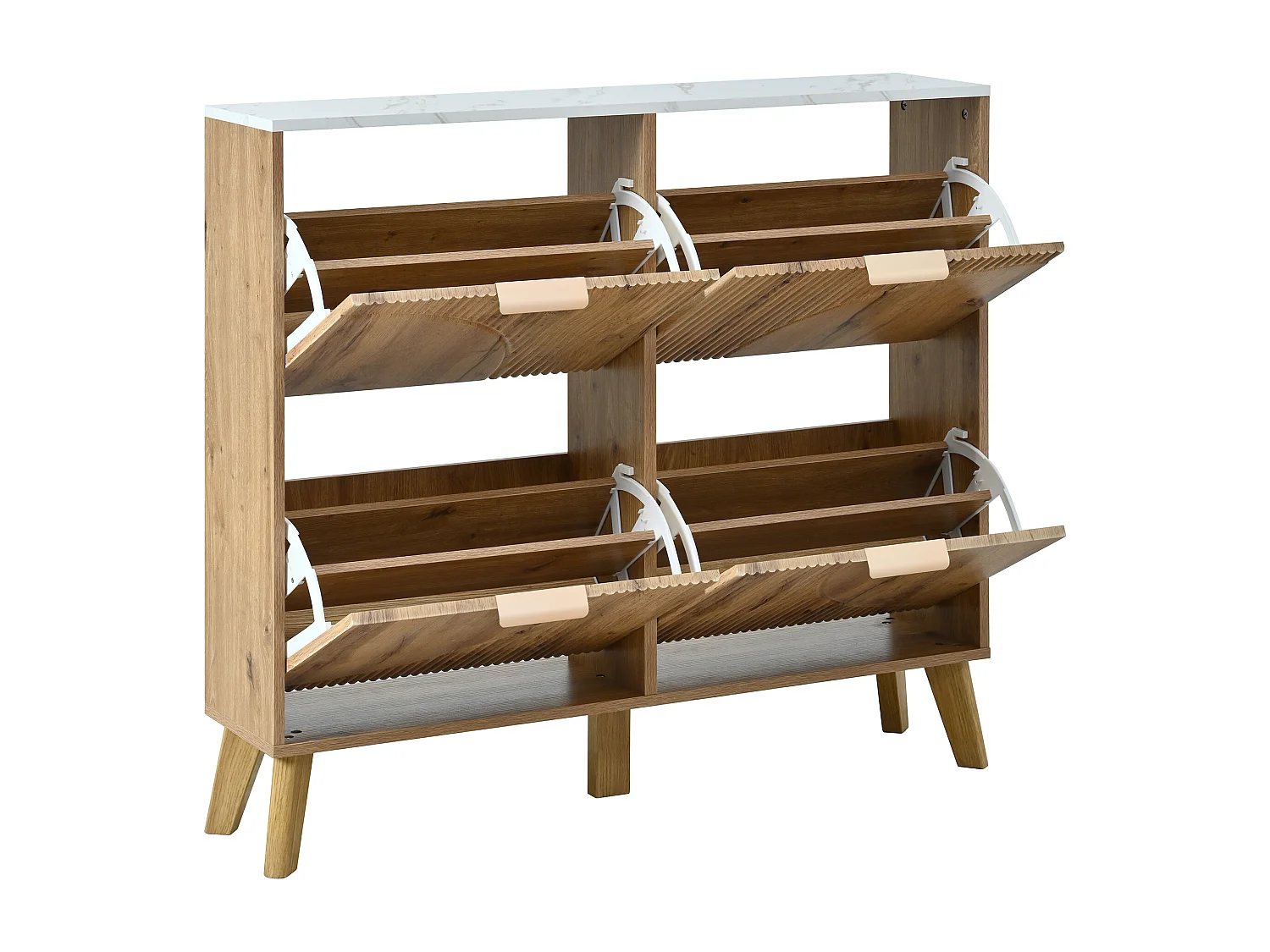 Meuble à chaussures 4 portes 105x24x95.5 cm - aspect bois - plateau effet marbre - MDF - Naturel