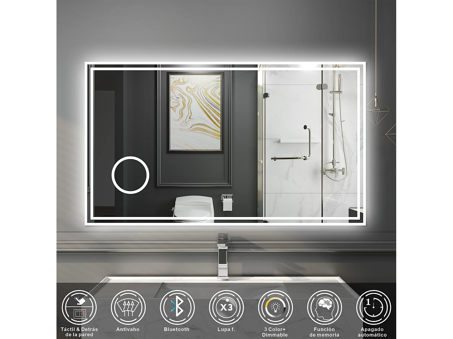 Espelho de banheiro com LED, 140 x 80 cm, luz LED com três cores, com função antiembaciamento, Bluetooth e lupa de aumento 3x.