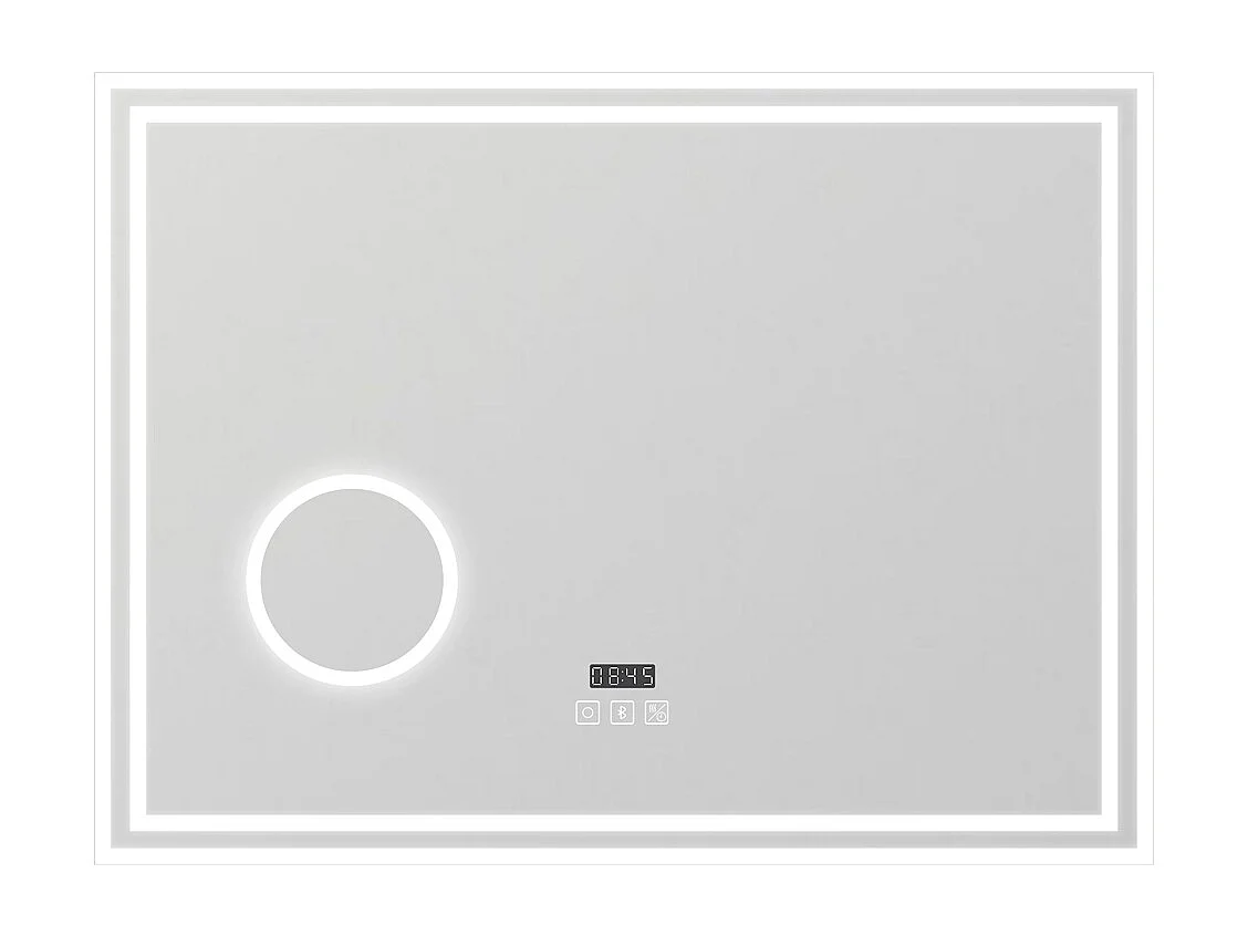 Espelho de banheiro com LED, 80 x 60 cm, luz LED com três cores, com função antiembaciamento, relógio digital, Bluetooth e lupa de aumento 3x.