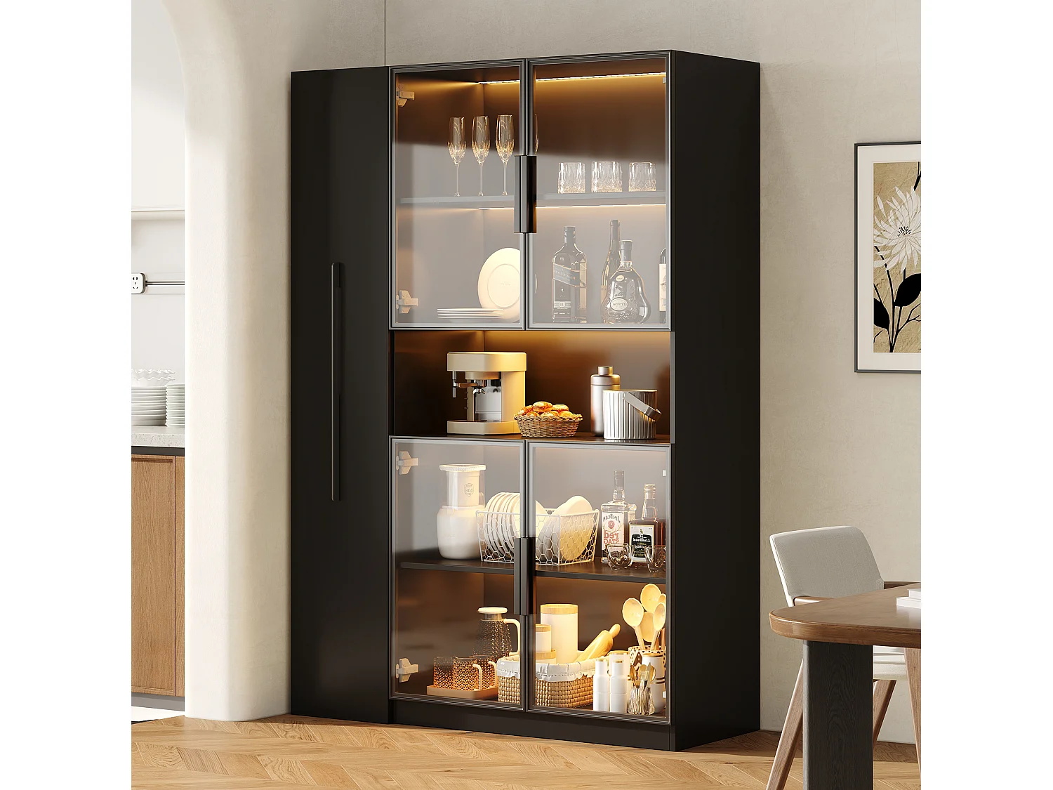 Glasvitrine 110x35x160 cm - LED-Beleuchtung - 4 Glastüren - 1 seitliche Schublade - MDF - Schwarz