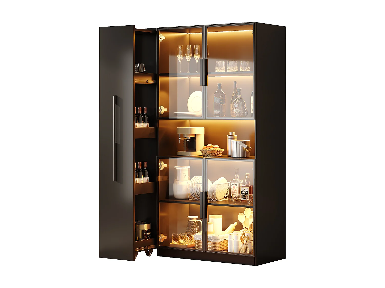 Glasvitrine 110x35x160 cm - LED-Beleuchtung - 4 Glastüren - 1 seitliche Schublade - MDF - Schwarz
