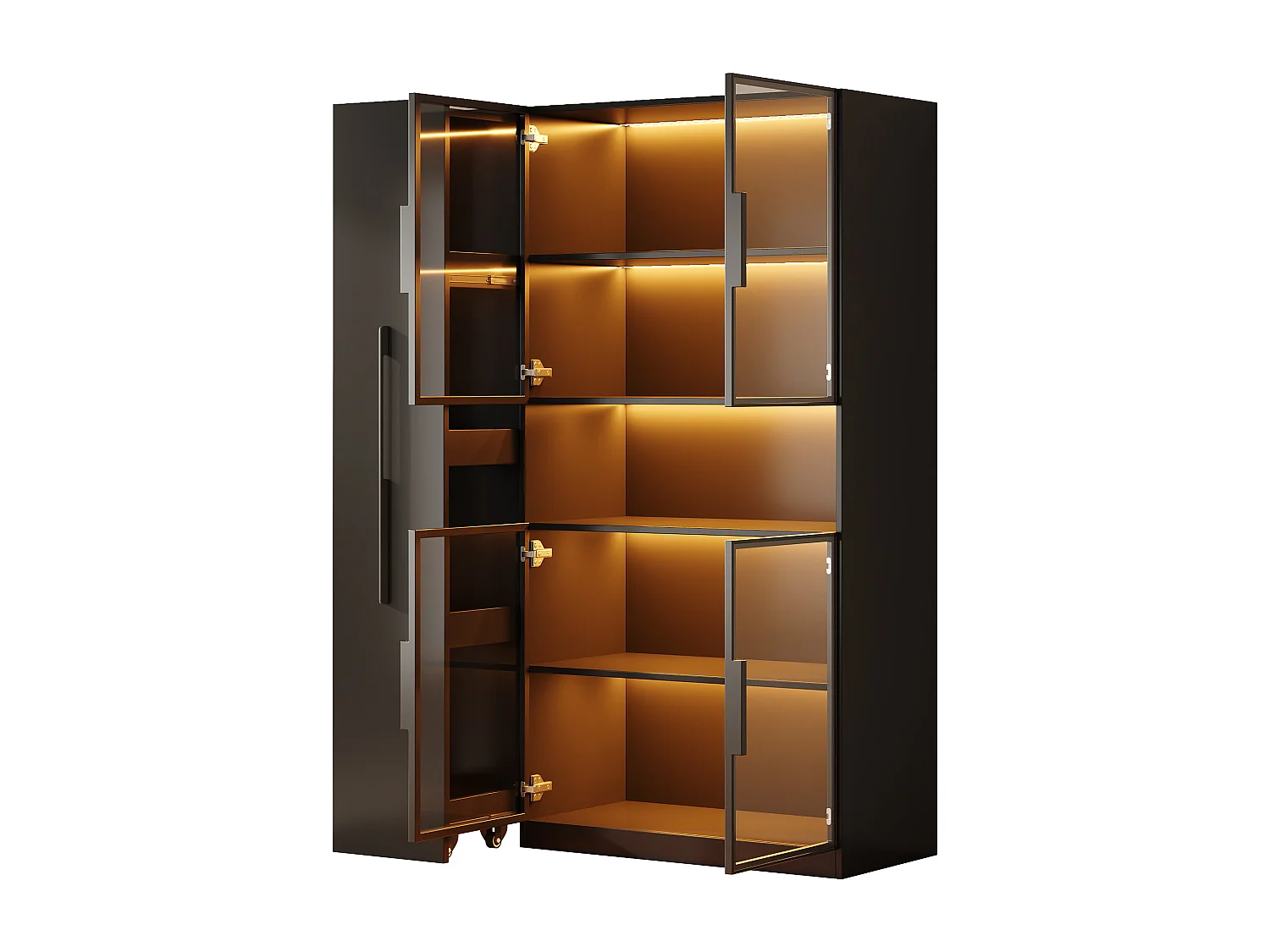 Glasvitrine 110x35x160 cm - LED-Beleuchtung - 4 Glastüren - 1 seitliche Schublade - MDF - Schwarz