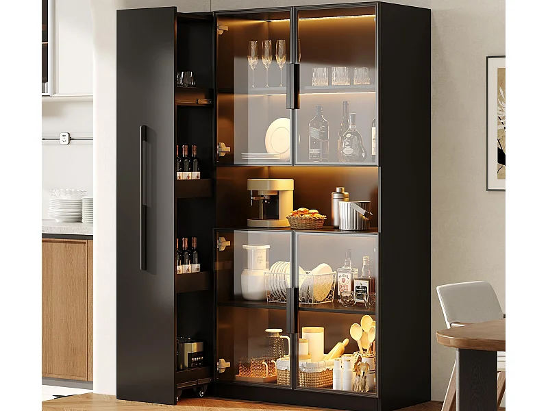 Glazen vitrinekast 110x35x160 cm - LED-verlichting - 4 glazen deuren - 1 zijdelingse schuiflade - MDF - Zwart