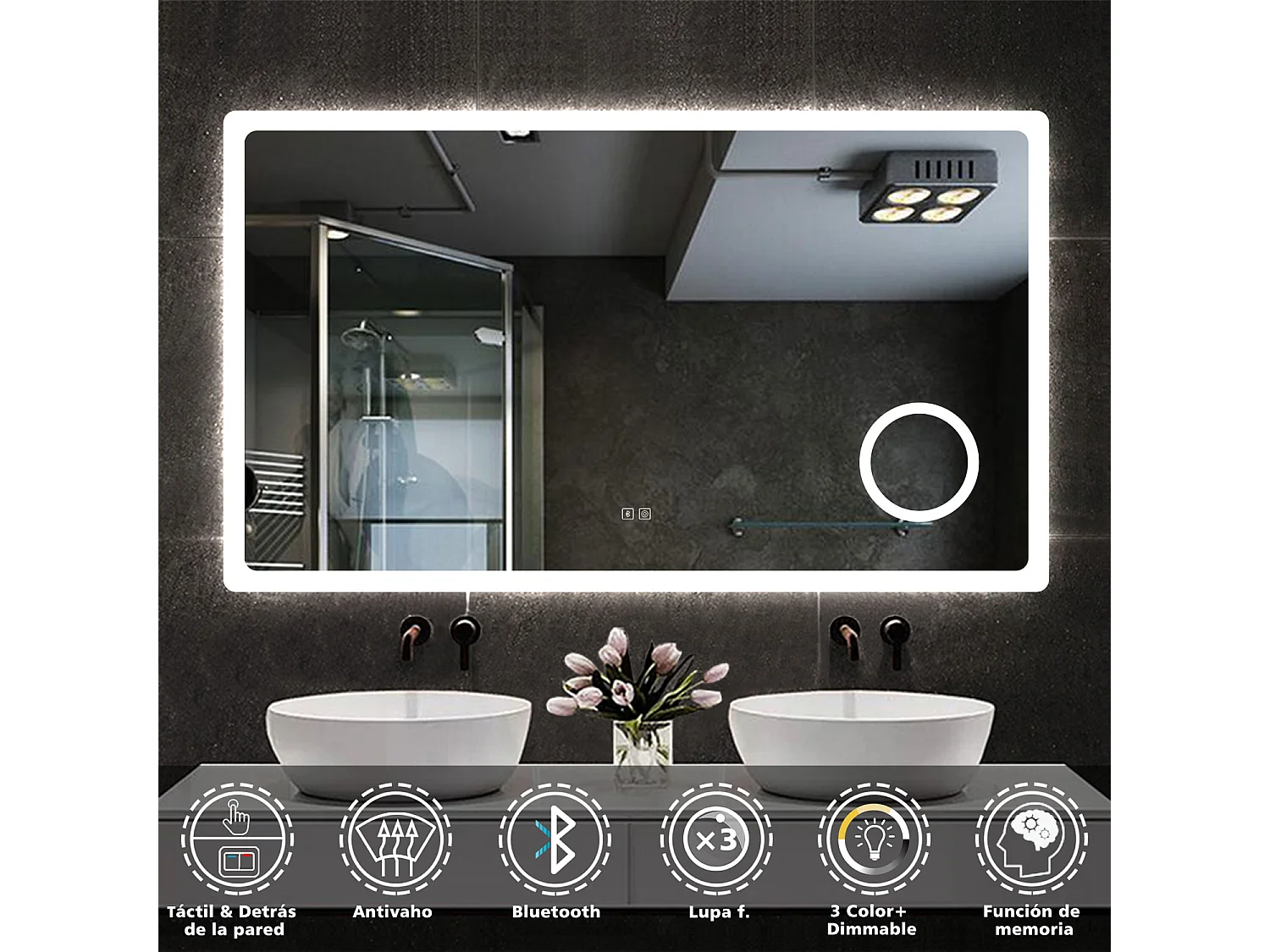 Espelho AICA 140 x 80 cm, retangular, com função antiembaciamento, Bluetooth, lupa 3x, com luz tricolor, brilho ajustável, função de memória de desligamento.