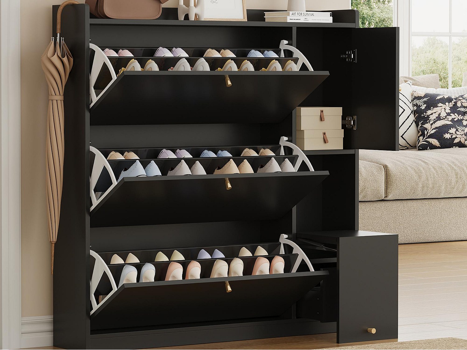Zapatero multifunción 119x24x122cm - con 3 puertas abatibles - con banco abatible - con una puerta - negro