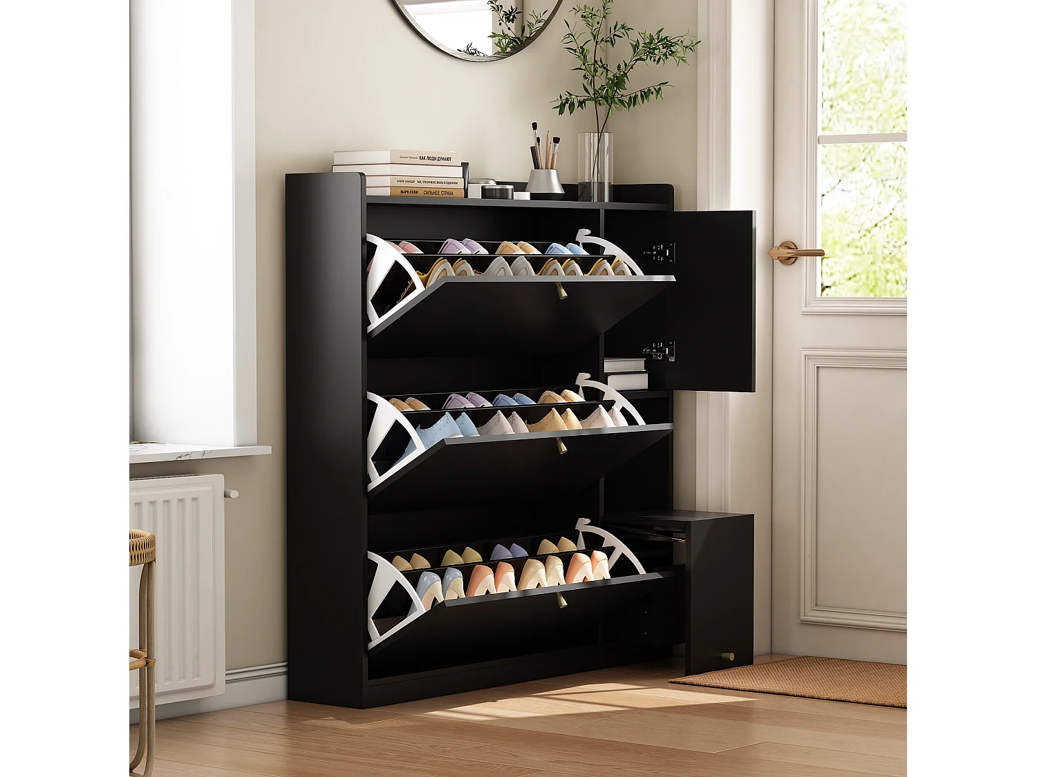 Meuble à chaussures multifonction 119x24x122cm - avec 3 portes rabattables - avec banc rabattable - avec une porte - noir