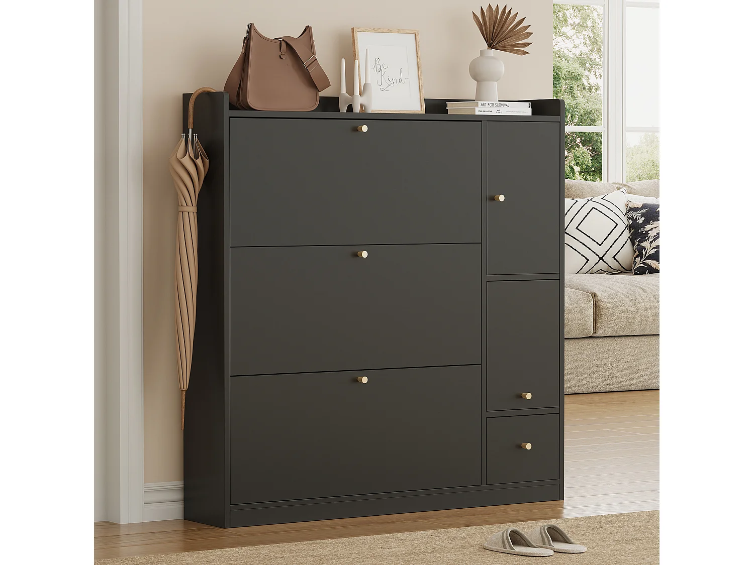 Meuble à chaussures multifonction 119x24x122cm - avec 3 portes rabattables - avec banc rabattable - avec une porte - noir