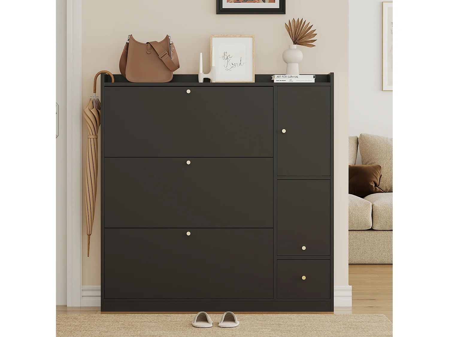 Meuble à chaussures multifonction 119x24x122cm - avec 3 portes rabattables - avec banc rabattable - avec une porte - noir