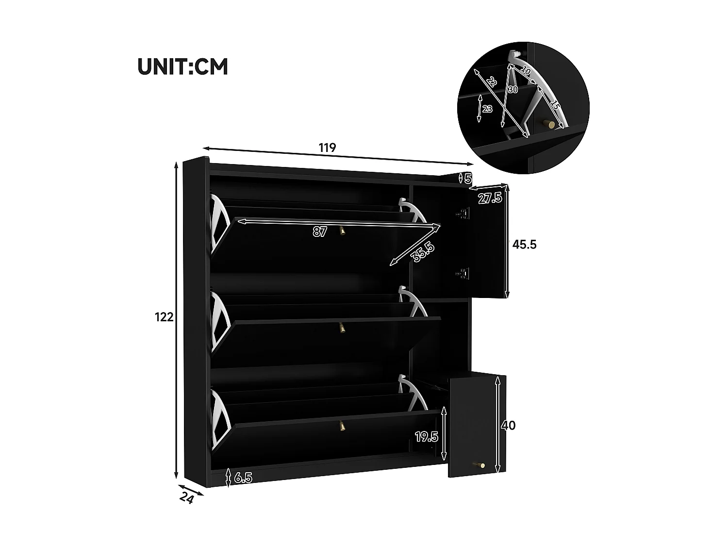 Meuble à chaussures multifonction 119x24x122cm - avec 3 portes rabattables - avec banc rabattable - avec une porte - noir
