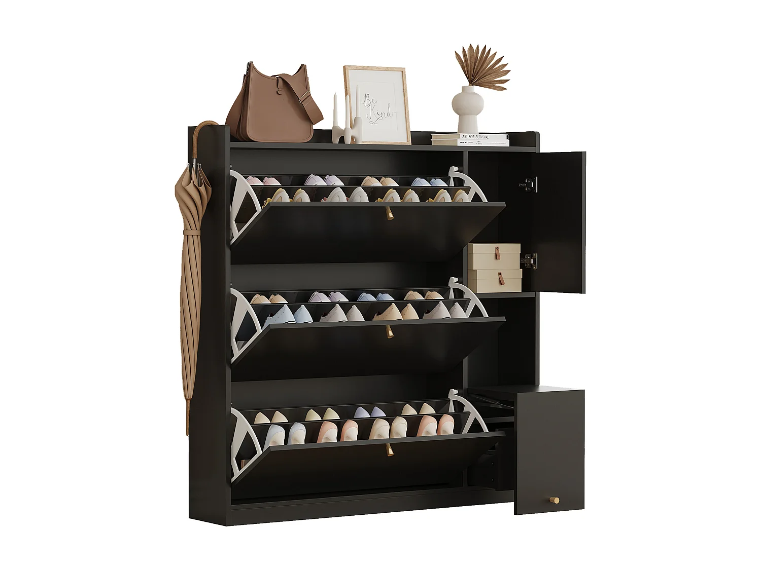 Meuble à chaussures multifonction 119x24x122cm - avec 3 portes rabattables - avec banc rabattable - avec une porte - noir