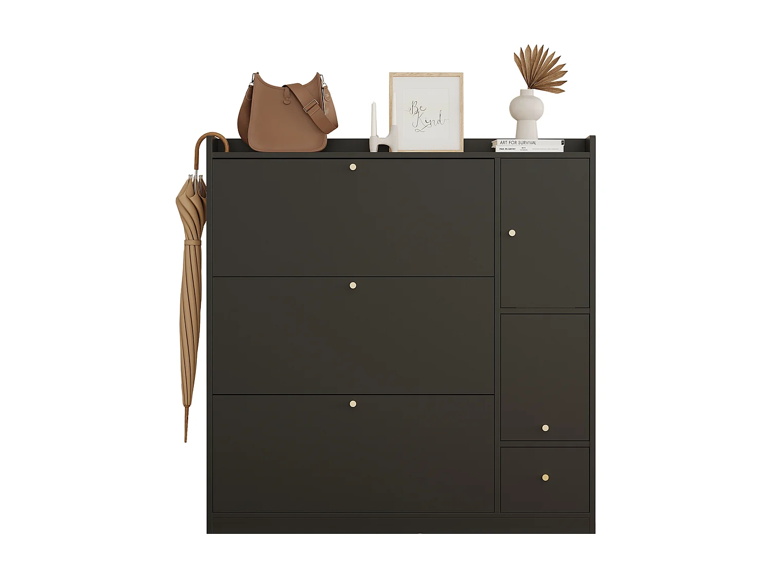 Meuble à chaussures multifonction 119x24x122cm - avec 3 portes rabattables - avec banc rabattable - avec une porte - noir