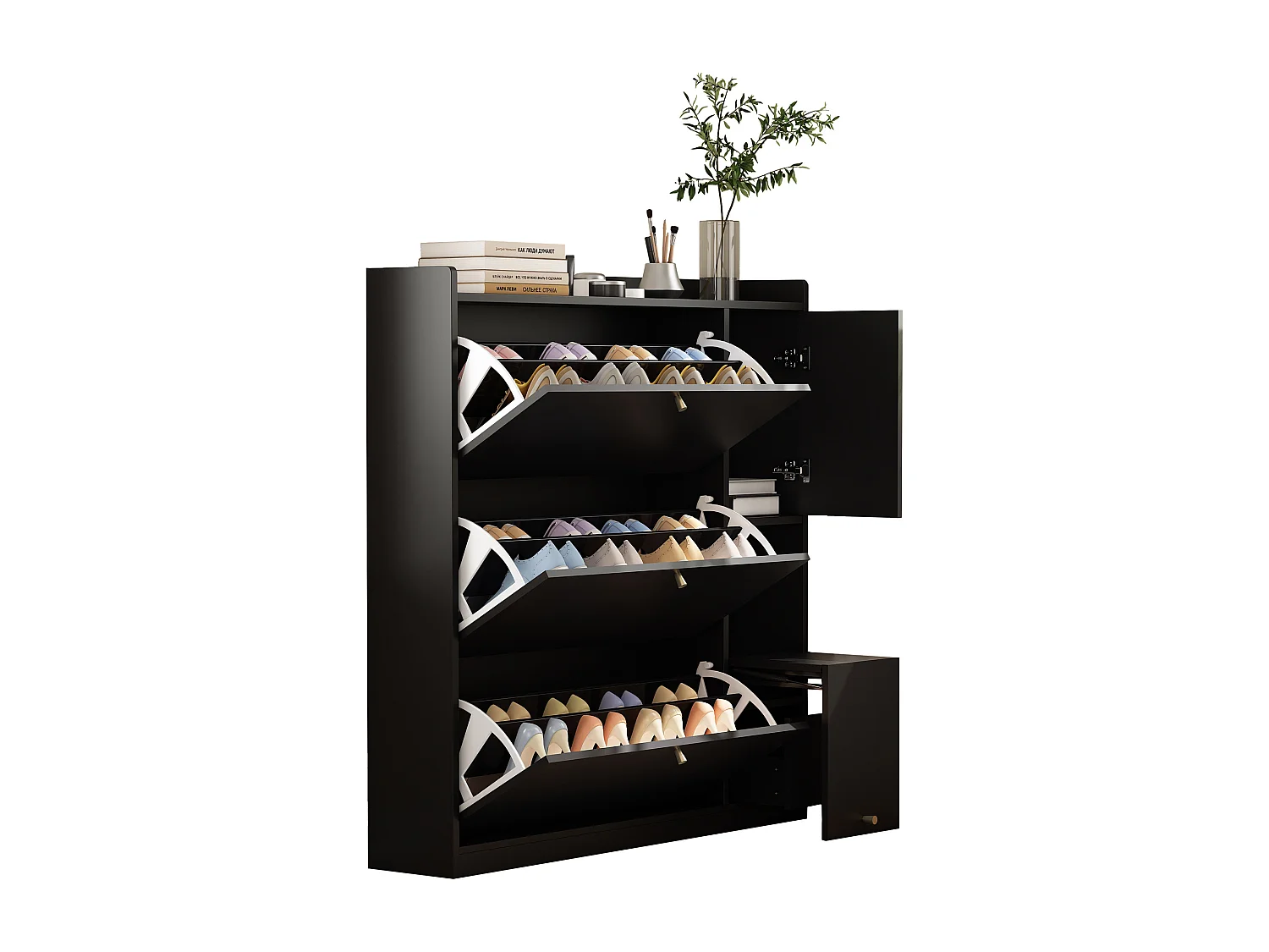 Meuble à chaussures multifonction 119x24x122cm - avec 3 portes rabattables - avec banc rabattable - avec une porte - noir