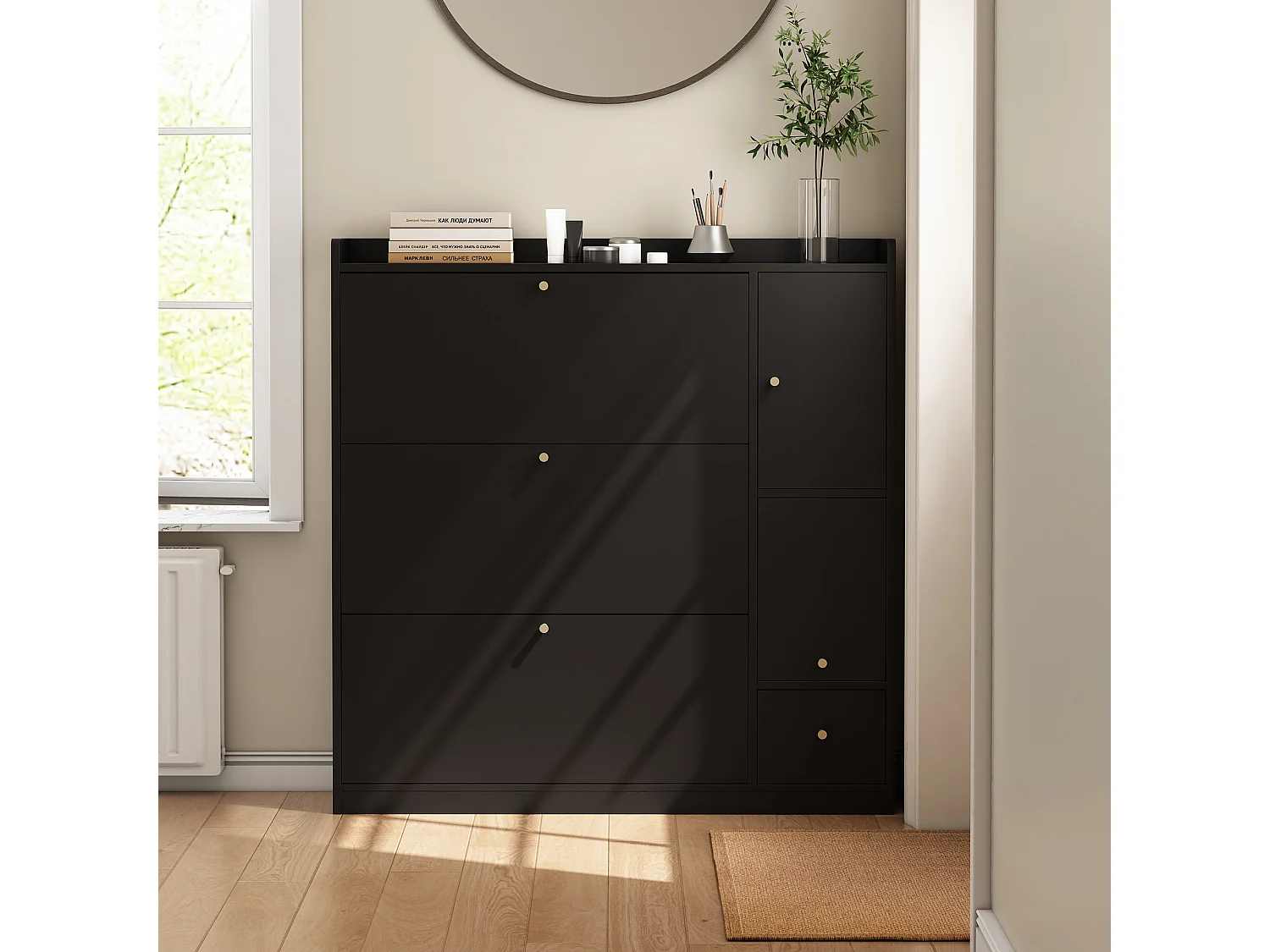 Meuble à chaussures multifonction 119x24x122cm - avec 3 portes rabattables - avec banc rabattable - avec une porte - noir