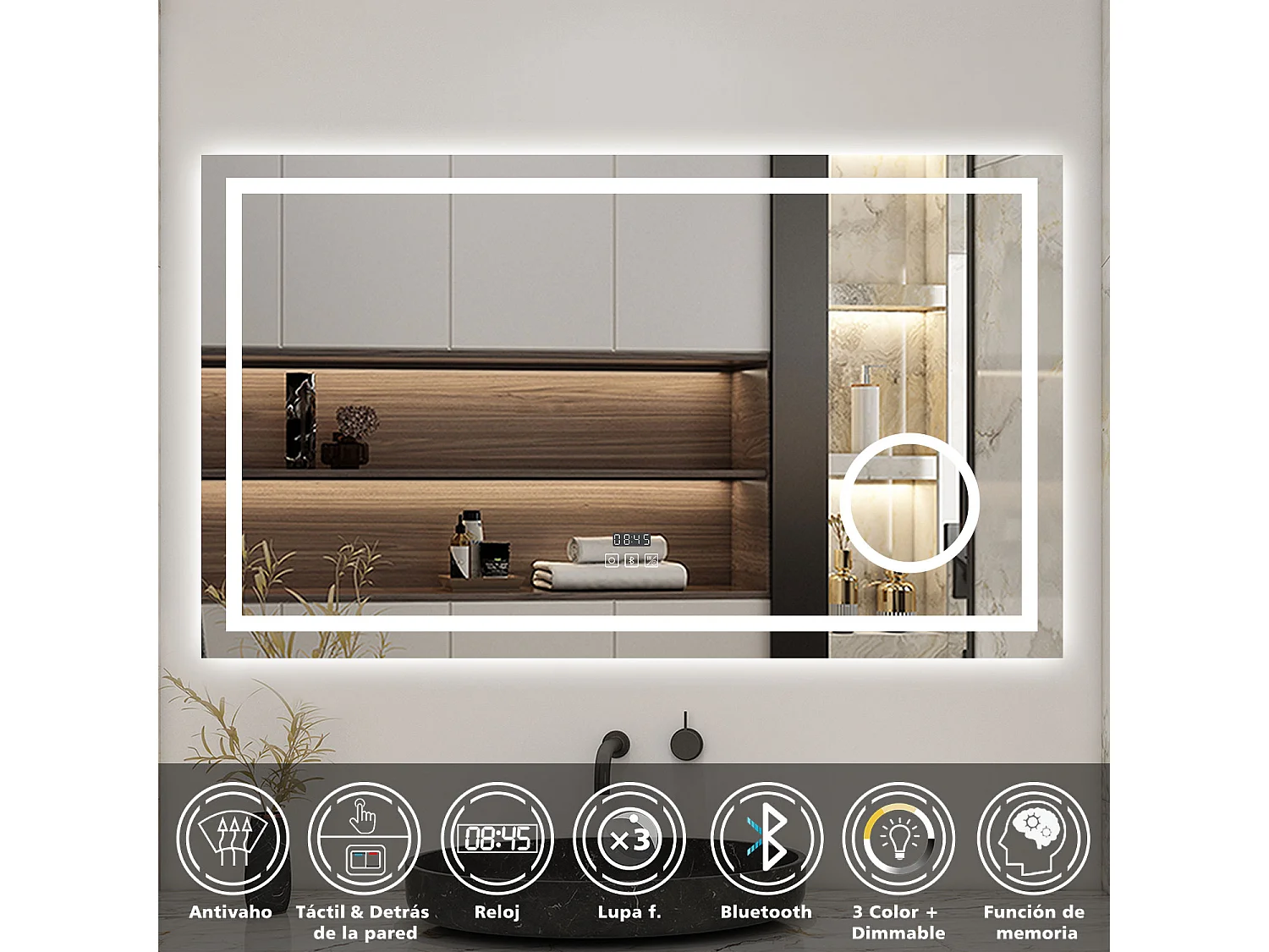 Espelho AICA 140 x 80 cm, retangular, com função antiembaciamento, Bluetooth, lupa 3x, relógio LED, luz de 3 cores, brilho ajustável, função memória desligada.