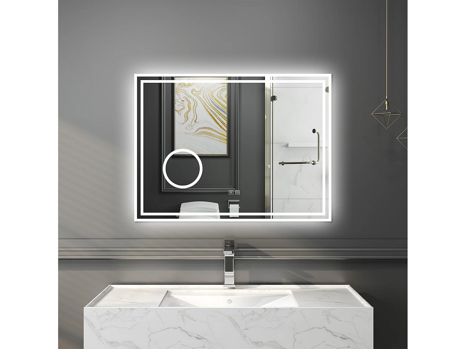 Espelho de banheiro com LED, 80 x 60 cm, luz LED com três cores, com função antiembaciamento, Bluetooth e lupa de aumento 3x.