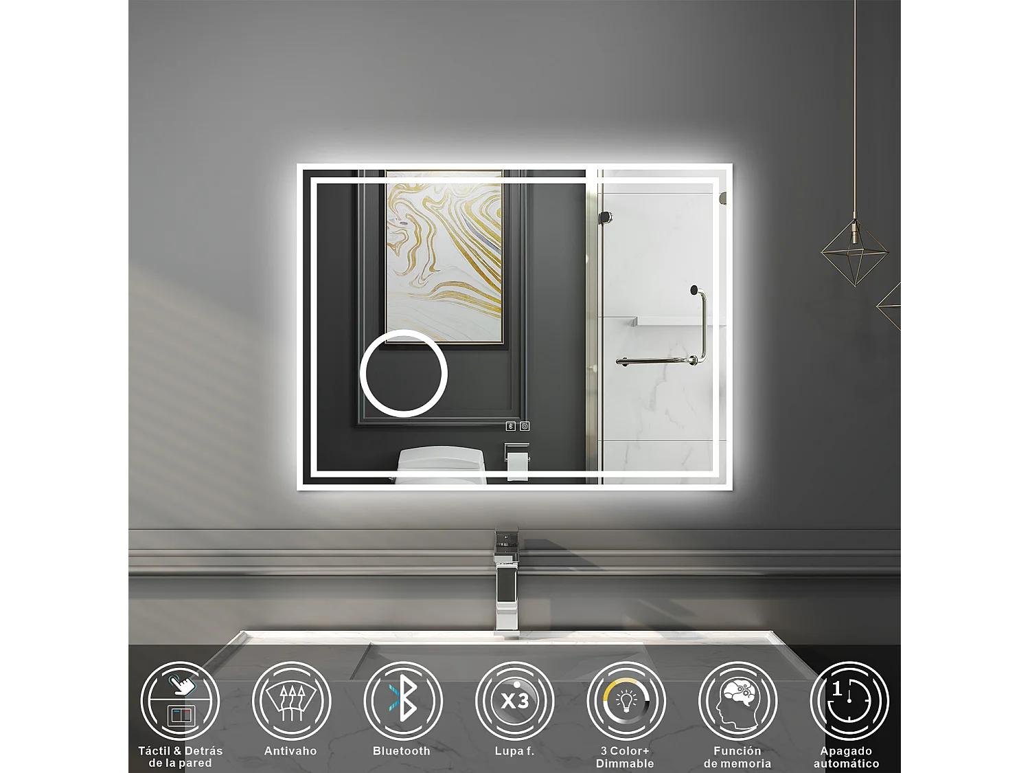 Espelho de banheiro com LED, 80 x 60 cm, luz LED com três cores, com função antiembaciamento, Bluetooth e lupa de aumento 3x.