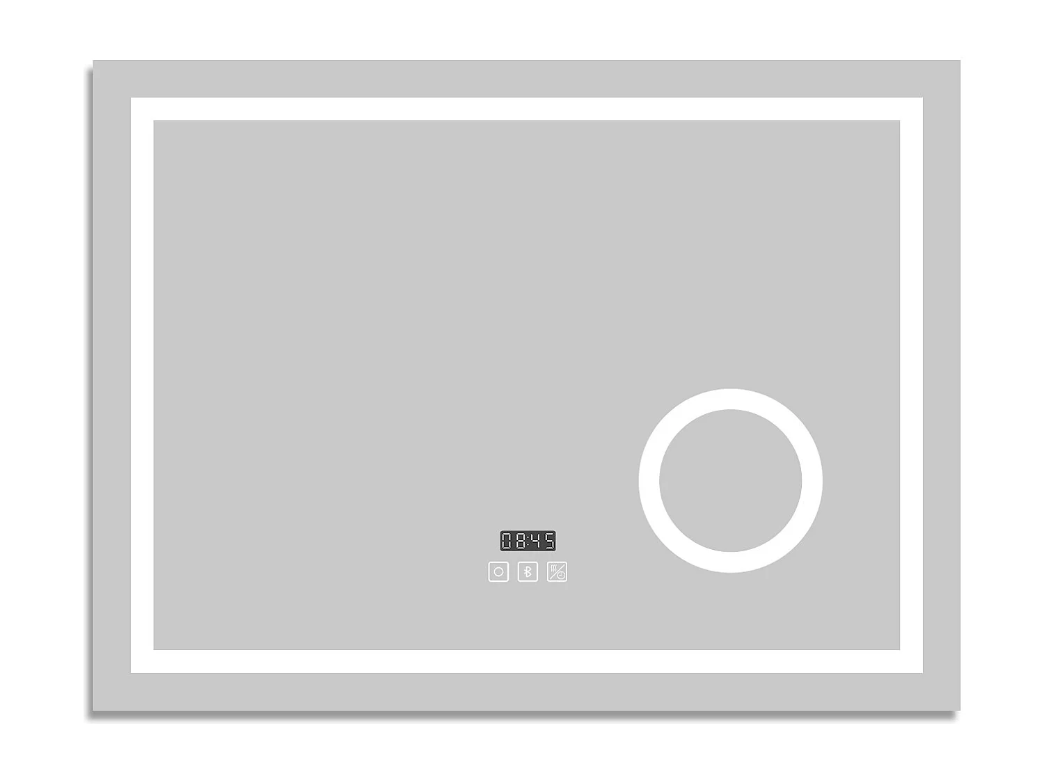 Espelho AICA 80 x 60 cm, retangular, com função antiembaciamento, Bluetooth, lupa 3x, relógio LED, luz de 3 cores, brilho ajustável, função memória desligada.