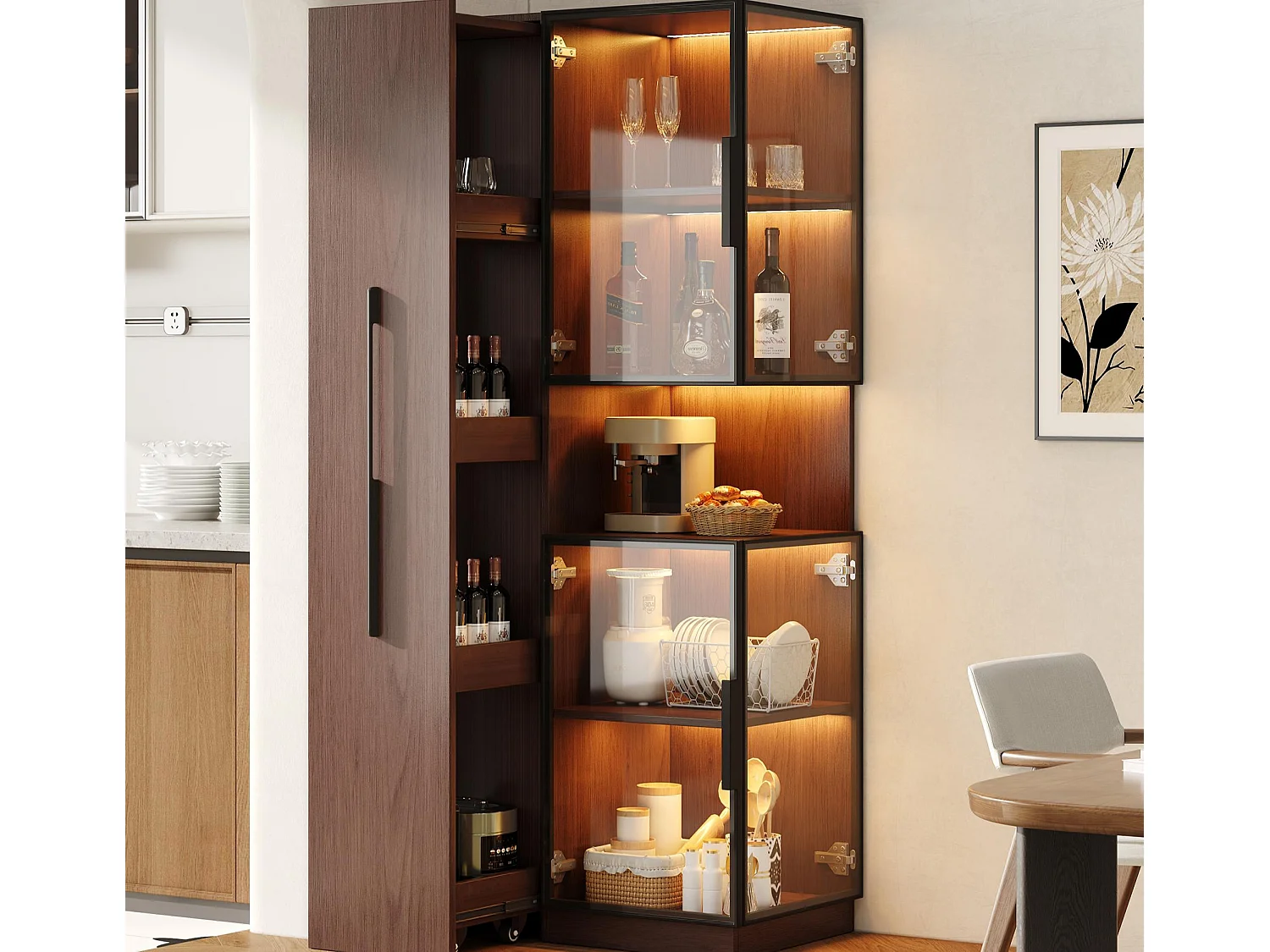 Glasvitrine 70x38x160 cm - mit großer Auszugsschublade - LED-Beleuchtung - 4 Glastüren - MDF - Braun