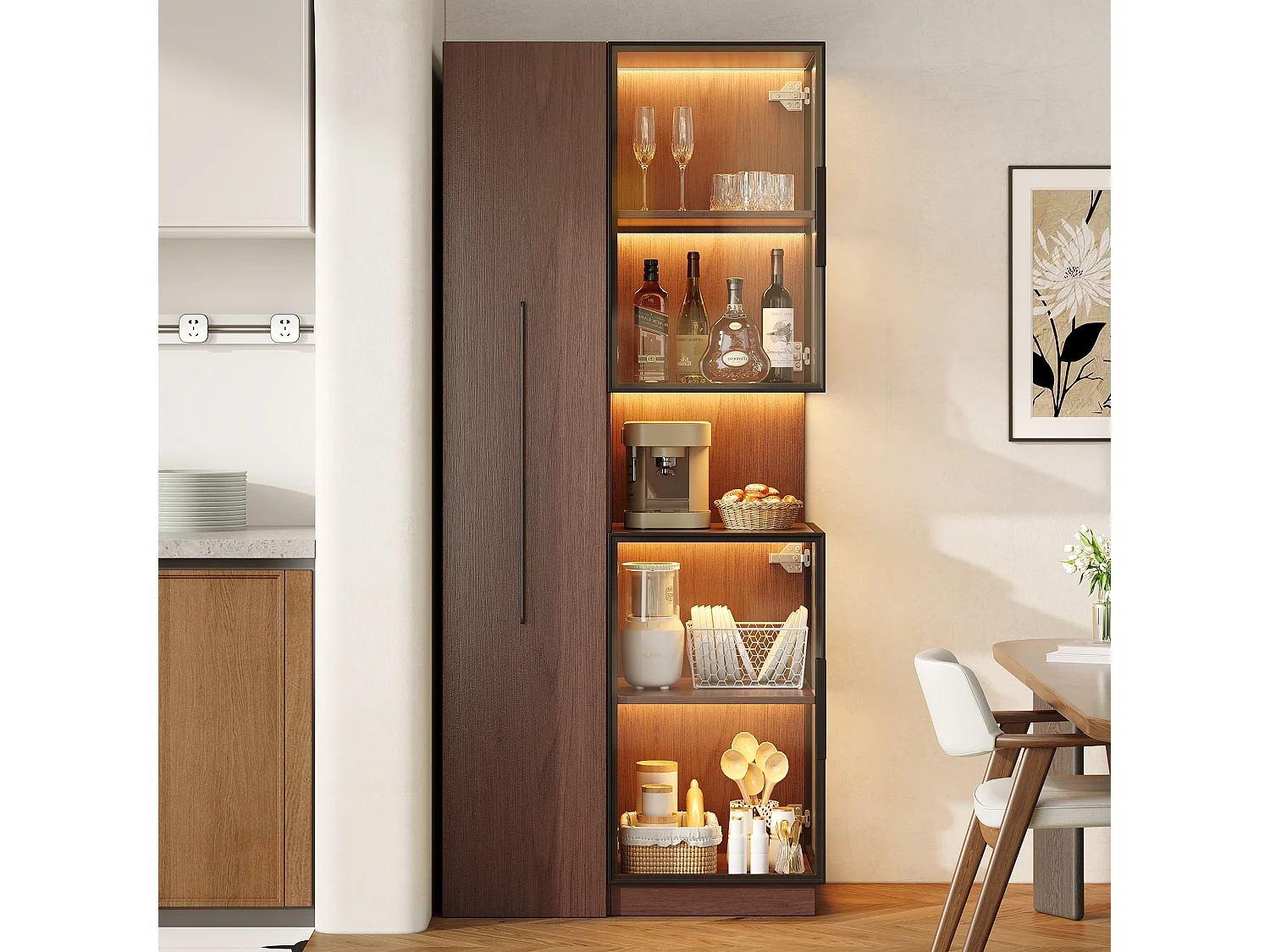 Glasvitrine 70x38x160 cm - mit großer Auszugsschublade - LED-Beleuchtung - 4 Glastüren - MDF - Braun