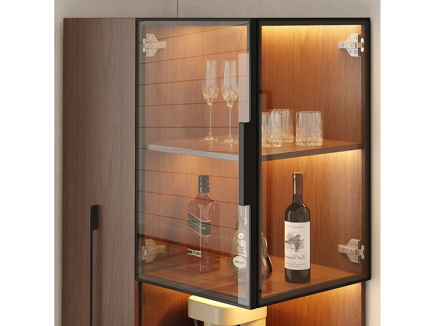 Glasvitrine 70x38x160 cm - mit großer Auszugsschublade - LED-Beleuchtung - 4 Glastüren - MDF - Braun
