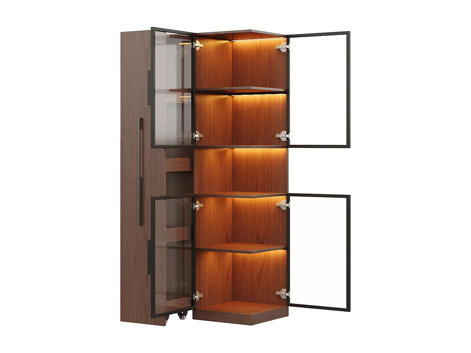 Glasvitrine 70x38x160 cm - mit großer Auszugsschublade - LED-Beleuchtung - 4 Glastüren - MDF - Braun