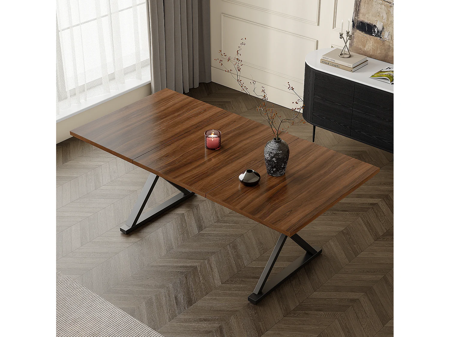 Table à manger moderne 180x90x75 cm - 6 à 8 personnes - Pieds en métal - Style minimaliste - MDF - Noyer et noir