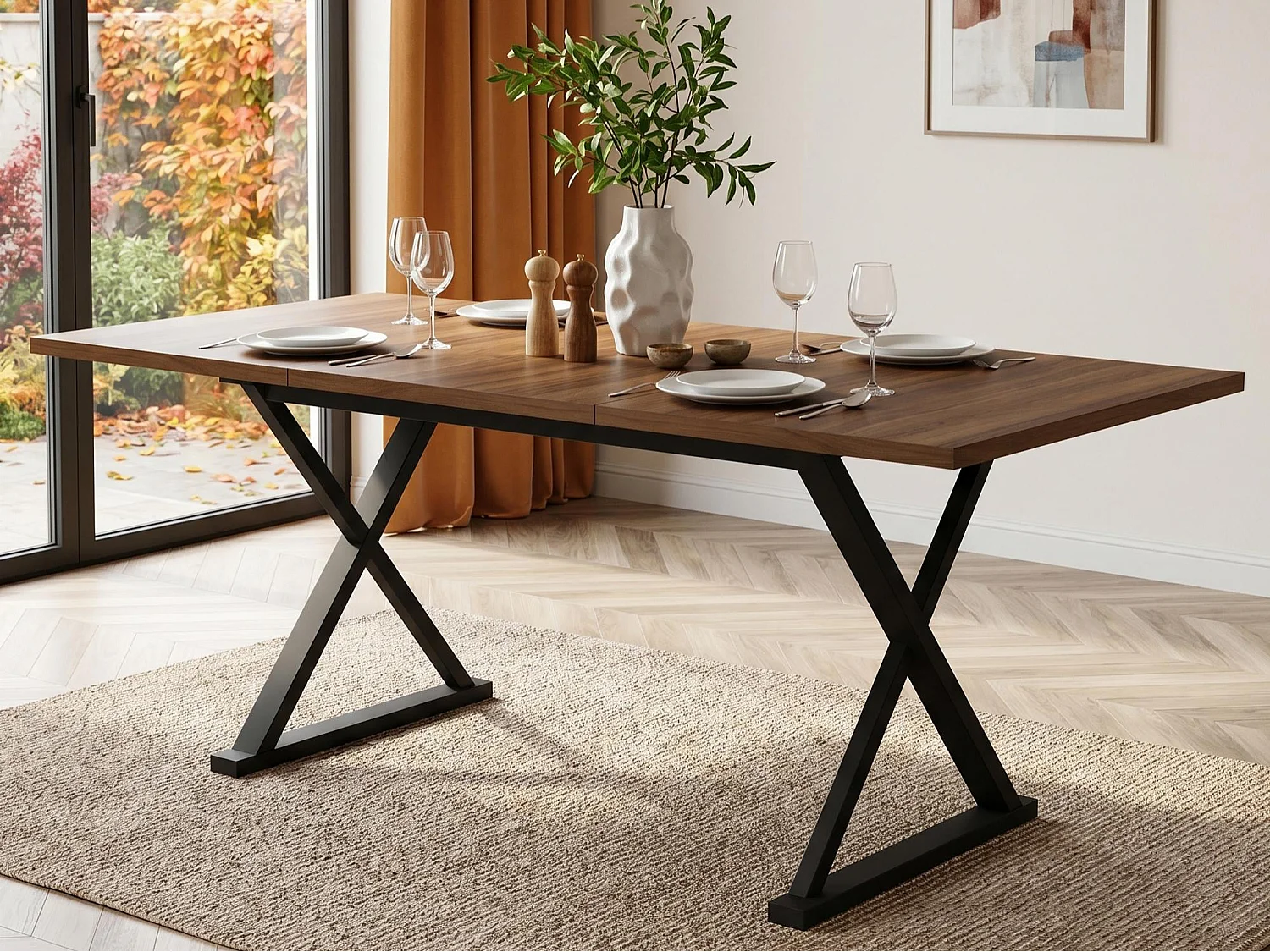 Table à manger moderne 180x90x75 cm - 6 à 8 personnes - Pieds en métal - Style minimaliste - MDF - Noyer et noir