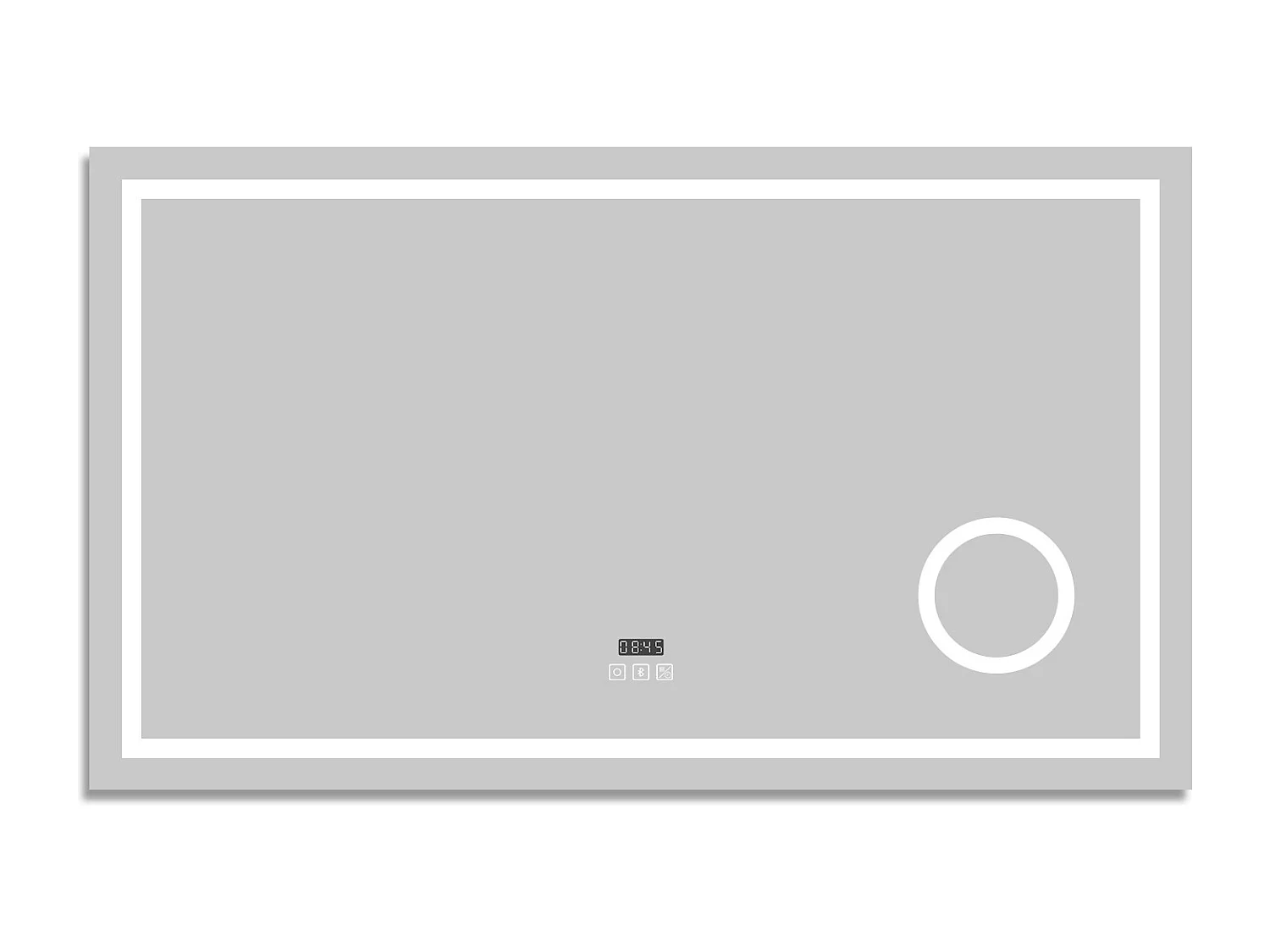 Espelho AICA 120 x 70 cm, retangular, com função antiembaciamento, Bluetooth, lupa 3x, relógio LED, luz de 3 cores, brilho ajustável, função memória desligada.