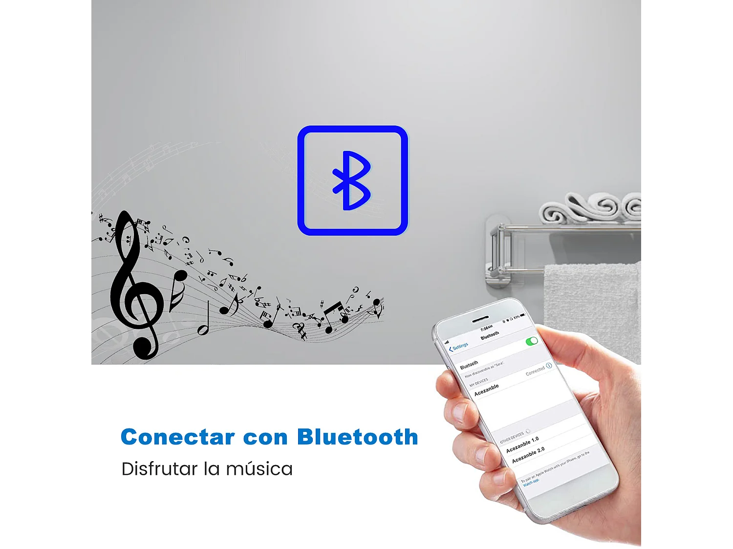 Espelho AICA 100 x 60 cm, retangular, com função antiembaciamento, Bluetooth, lupa 3x, relógio LED, luz de 3 cores, brilho ajustável, função memória desligada.