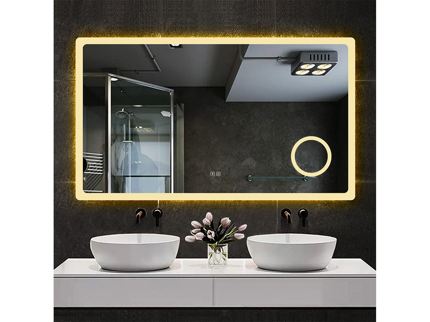 Espelho AICA 160 x 80 cm, retangular, com função antiembaciamento, Bluetooth, lupa 3x, com luz tricolor, brilho ajustável, função de memória de desligamento.