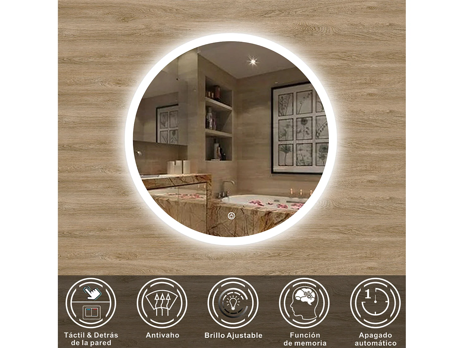 Espelho de banheiro AICA com iluminação LED, espelho redondo, 80 cm, antiembaciamento, brilho ajustável, memória de desligamento.