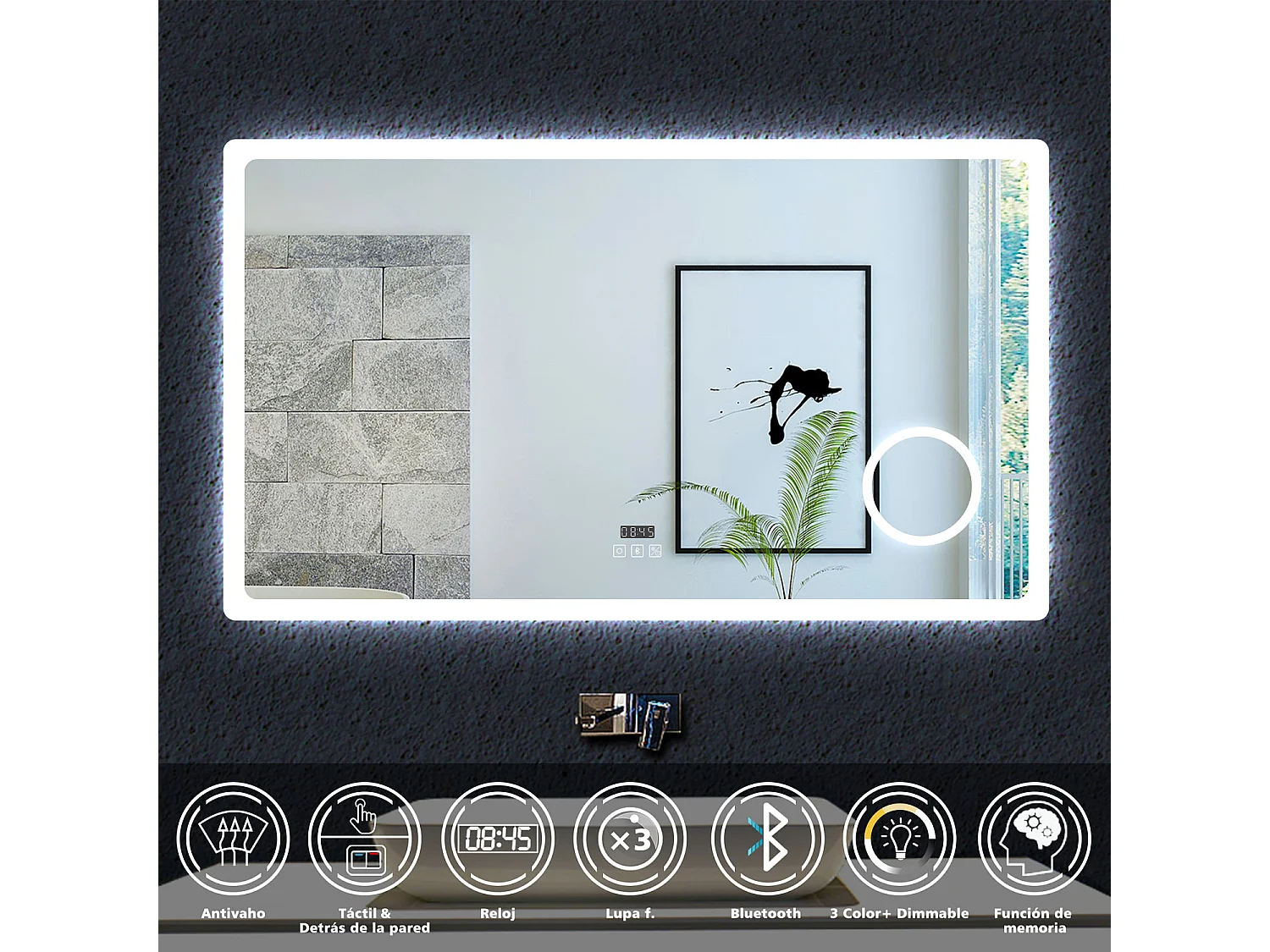 Espelho AICA 160 x 80 cm, retangular, com função antiembaciamento, Bluetooth, lupa 3x, relógio LED, espelho com luz tricolor, brilho ajustável