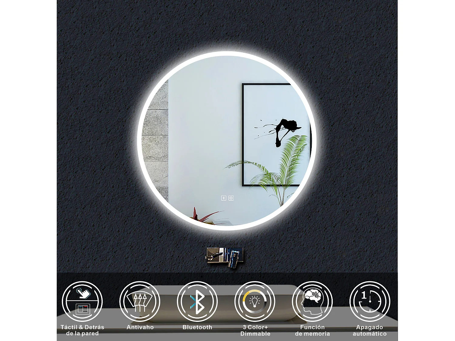 Espelho de banheiro com LED, 80 x 80 cm, luz LED com três cores, com função antiembaciamento, Bluetooth, memória de desligamento e brilho ajustável.