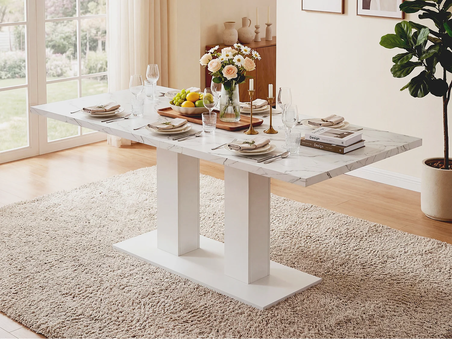 Table à manger rectangulaire extensible 140/180x70x75 cm - 6 à 8 personnes - Plateau épais - MDF - Blanc
