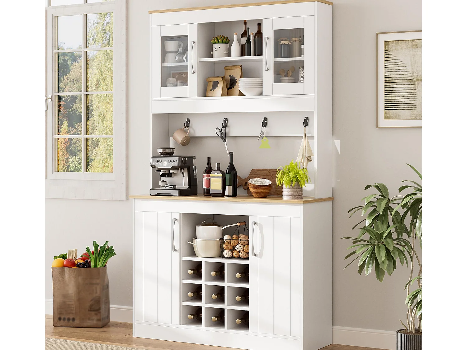 Küchenbuffet 106x39x175 cm - 4 Türen - Weinregal und Haken - Spanplatten - Weiß + Natur