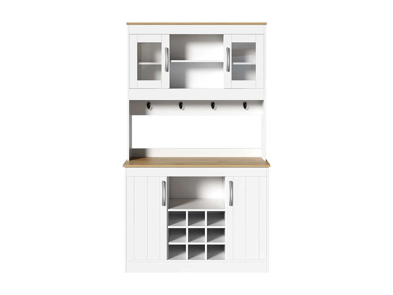 Küchenbuffet 106x39x175 cm - 4 Türen - Weinregal und Haken - Spanplatten - Weiß + Natur