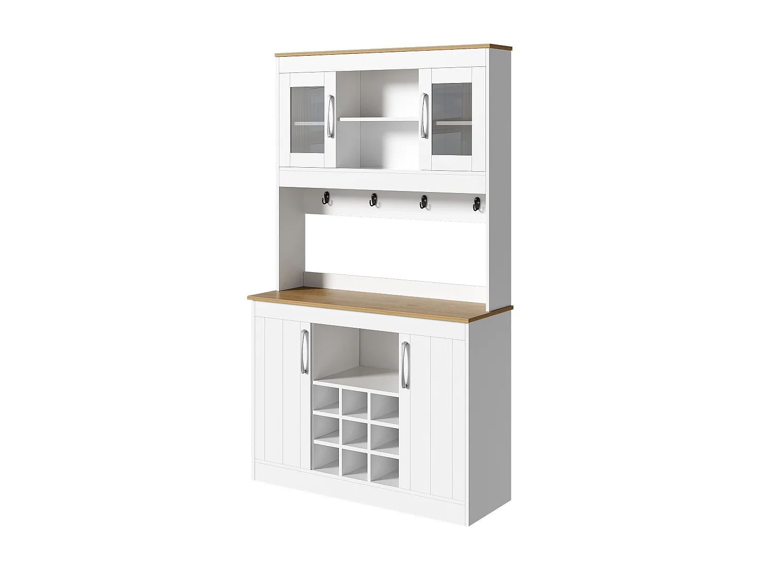 Küchenbuffet 106x39x175 cm - 4 Türen - Weinregal und Haken - Spanplatten - Weiß + Natur