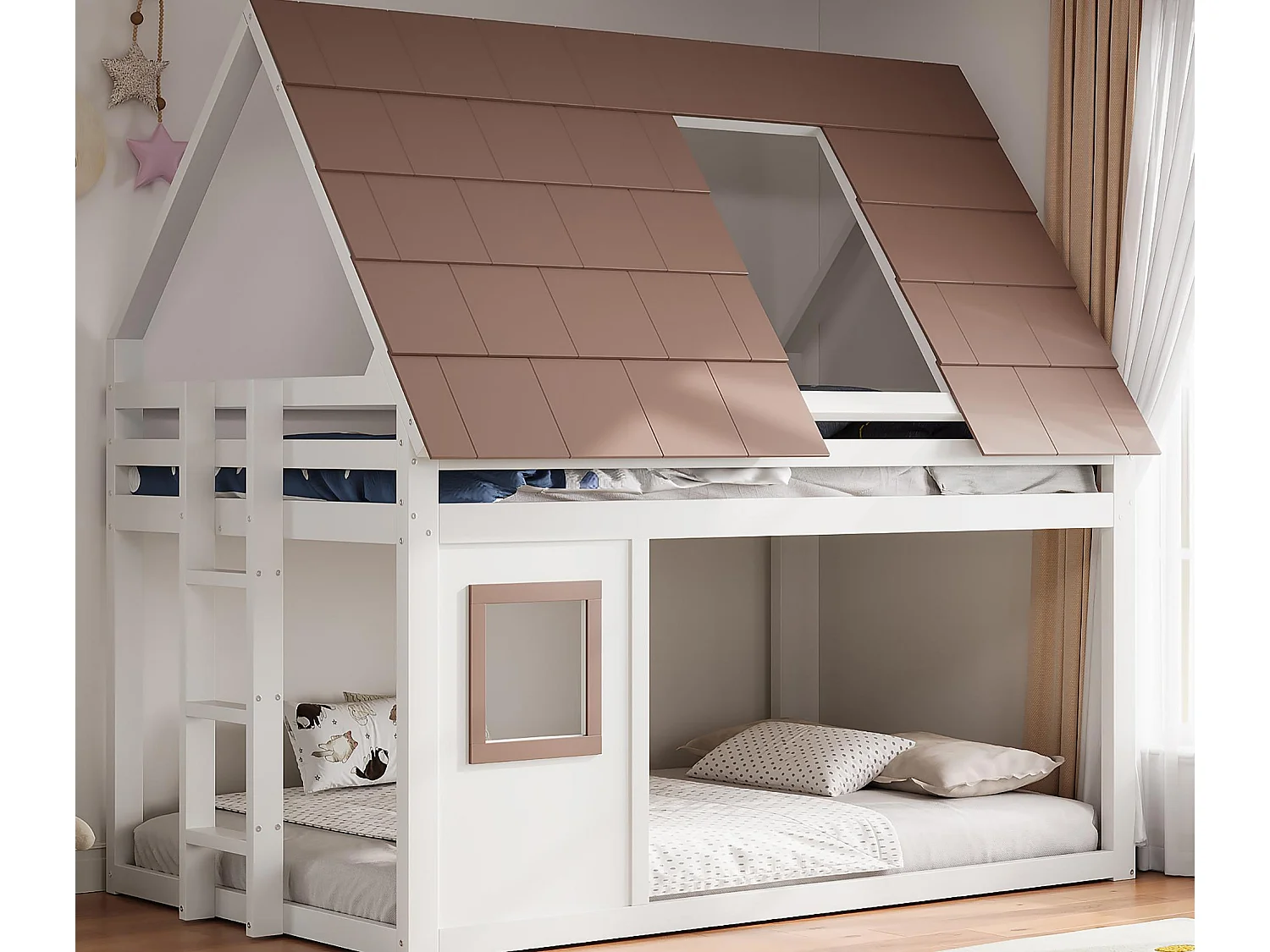 Cama superpuesta 140x200 cm - con techo y ventana - con escalera y barrera de seguridad - MDF+Pino - Blanco + Marrón​ (sin colchón)