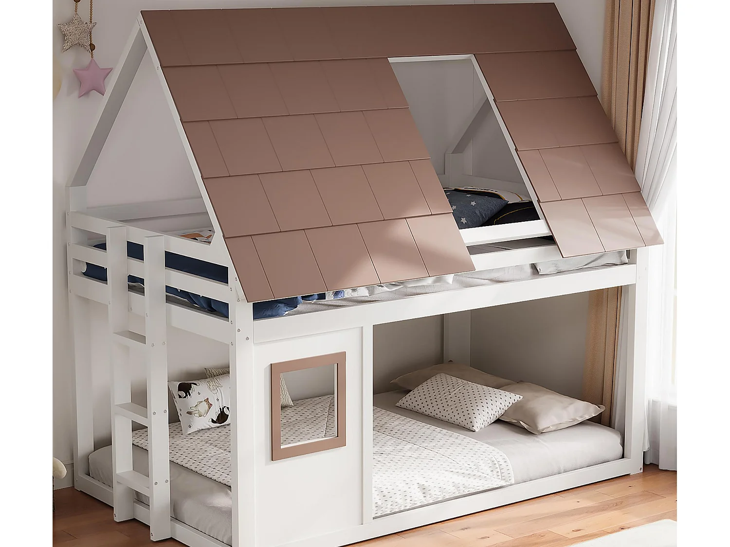 Cama superpuesta 140x200 cm - con techo y ventana - con escalera y barrera de seguridad - MDF+Pino - Blanco + Marrón​ (sin colchón)