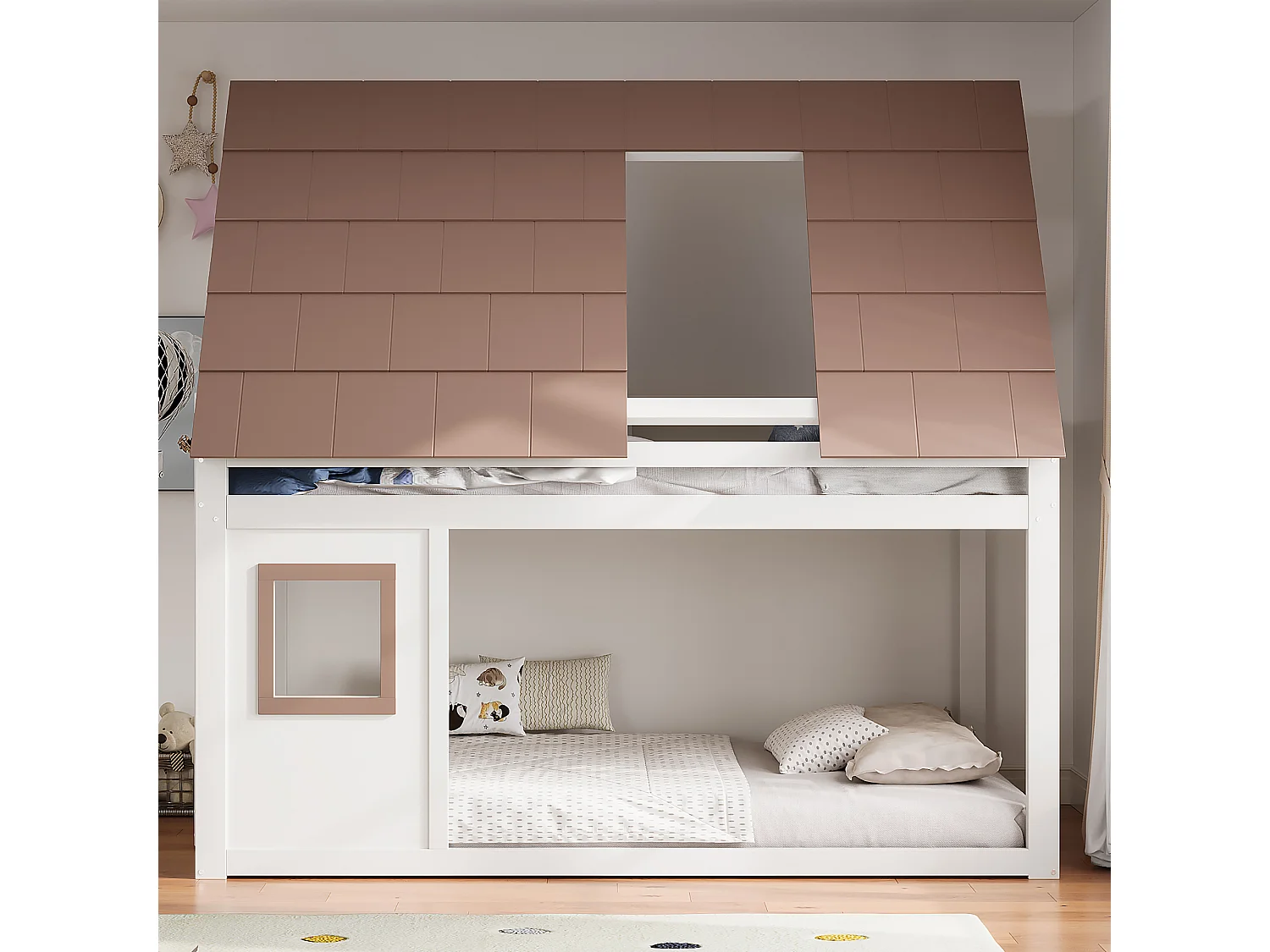 Cama superpuesta 140x200 cm - con techo y ventana - con escalera y barrera de seguridad - MDF+Pino - Blanco + Marrón​ (sin colchón)